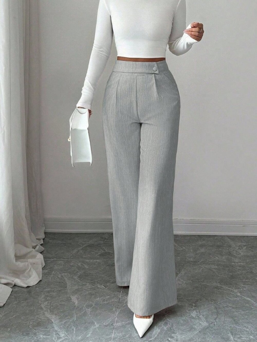 Grey Casual Women's Work Office Loose Flowy Straight Leg Pants - Picture 7 of 7